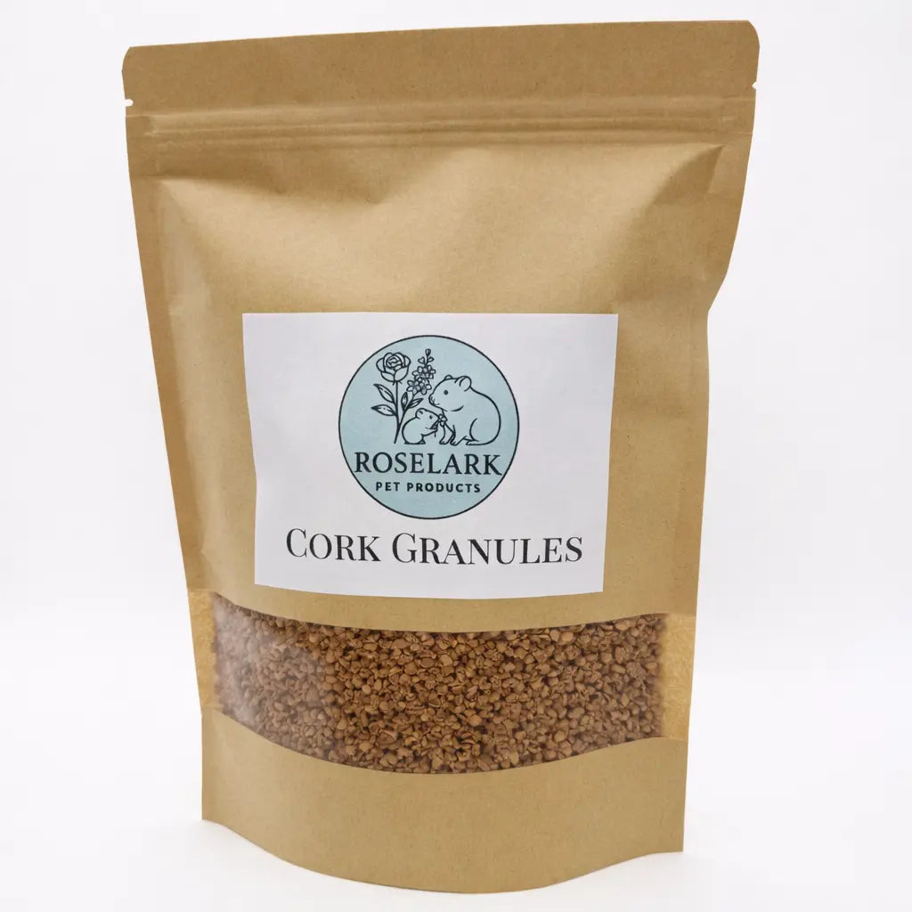 Bag of Roselark Pet Products Cork Granules. Cork Granules digging substrate for hamsters